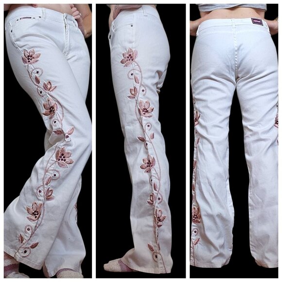Y2K White Flare Jeans Pants Pink Embroidered Flowers Sz 6 Thin Stretch Retro - Picture 1 of 10